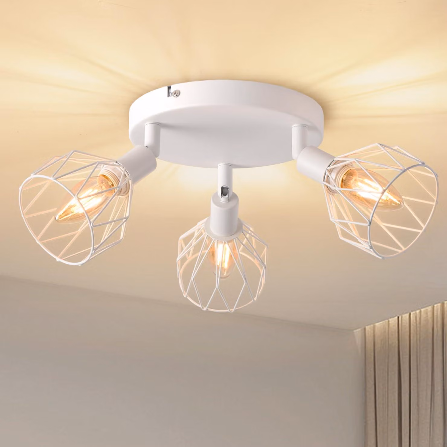 ANWIO, plafoniera a 3 luci, lampada da soffitto vintage nera, attacco E14, orientabile. Plafoniera bianca con base rotonda. Plafoniera, lampada da soffitto a LED, lampada per soggiorno o cameretta (senza lampadine)