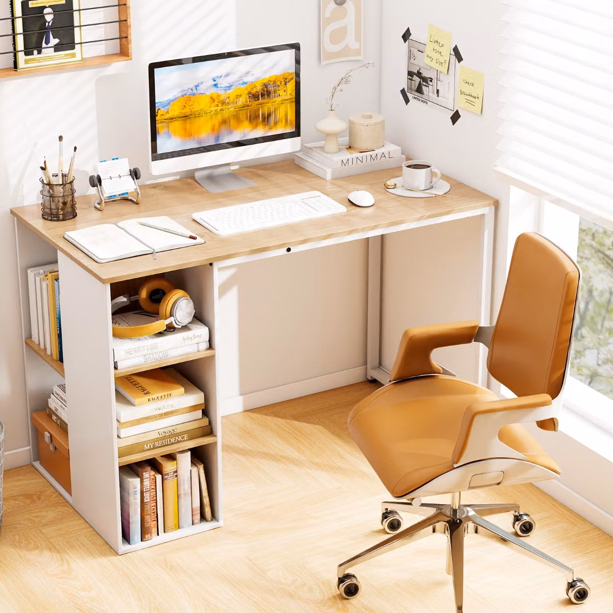 Scrivania da ufficio moderna Costway con struttura in metallo e 5 ripiani, colore marrone e beige