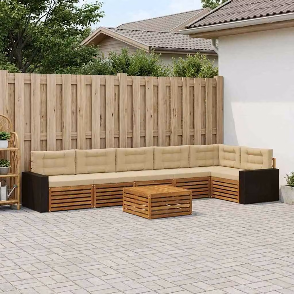 Set di divani da esterno vidaXL a forma di L composto da 7 pezzi con tavolo da caffè, in legno di acacia e tessuto beige e marrone