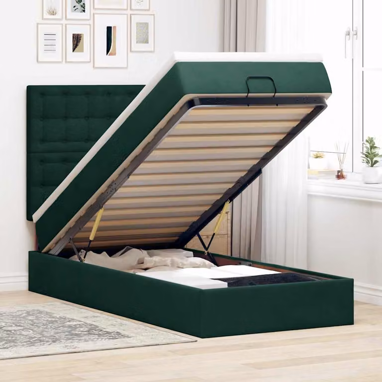 Letto con Pouf e Materasso vidaXL in Velluto Verde e Bianco, con Base a Sollevamento, Illuminazione Sotto il Letto e Porte USB, L/P/H: 90 x 190 x 128 cm