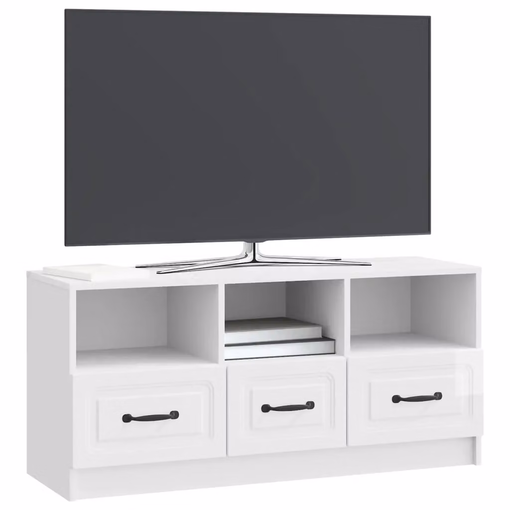 Mobile TV-Credenza Moderno Bianco Lucido in Legno e Metallo L: 102 cm, P: 34,5 cm, H: 47 cm – 2