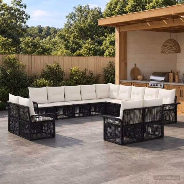 Set Divano da Giardino a Forma di U vidaXL in Polyrattan con Cuscini, Nero e Bianco Crema
