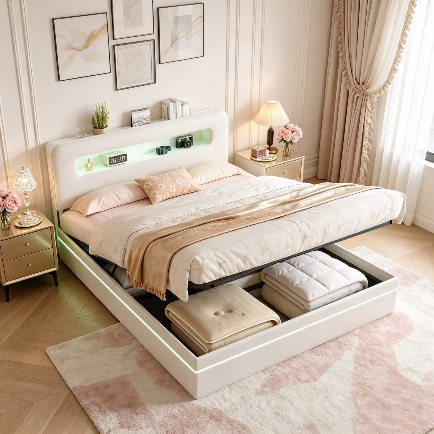 Letto imbottito INONEFT 160x200 cm con LED e spazio contenitivo nella testiera, letto a molle con sistema idraulico, letto matrimoniale con spazio contenitivo e rete a doghe, letto per ragazzi, in velluto, color beige