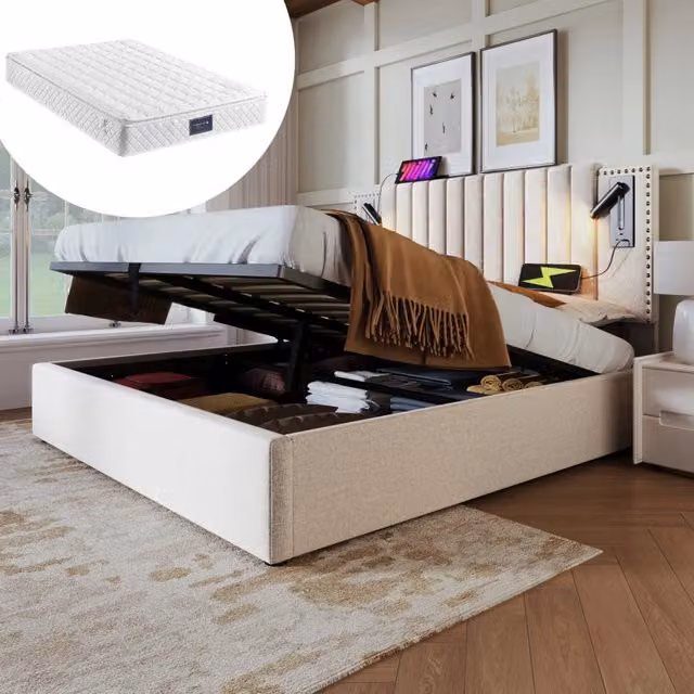 Letto imbottito 140x200 cm con contenitore; luce lettura e 2 USB + 2 Type-C; beige