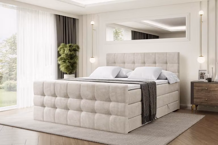 Letto boxspring ALTDECOR con materasso e rete a doghe - BERO -Z KING - 120x200 cm - Velluto beige - Coprimaterasso, testiera, letto imbottito con contenitore, letto con vano portaoggetti H3 e H4 - Materasso, letto matrimoniale, letto boxspring