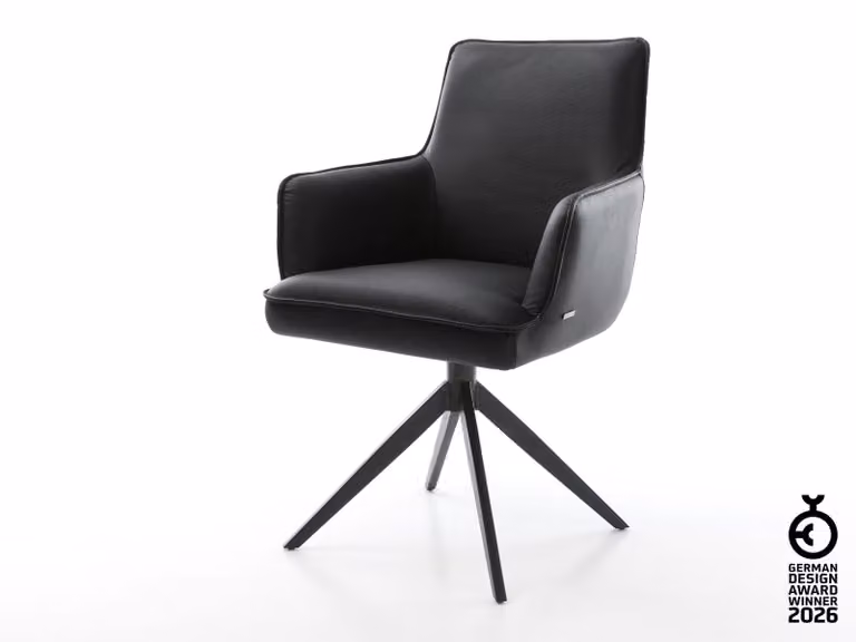 DELIFE Sedia girevole Heira-Flex con braccioli in vera pelle nera, base a croce larga nera, girevole a 360°, funzione oscillante, molle insacchettate