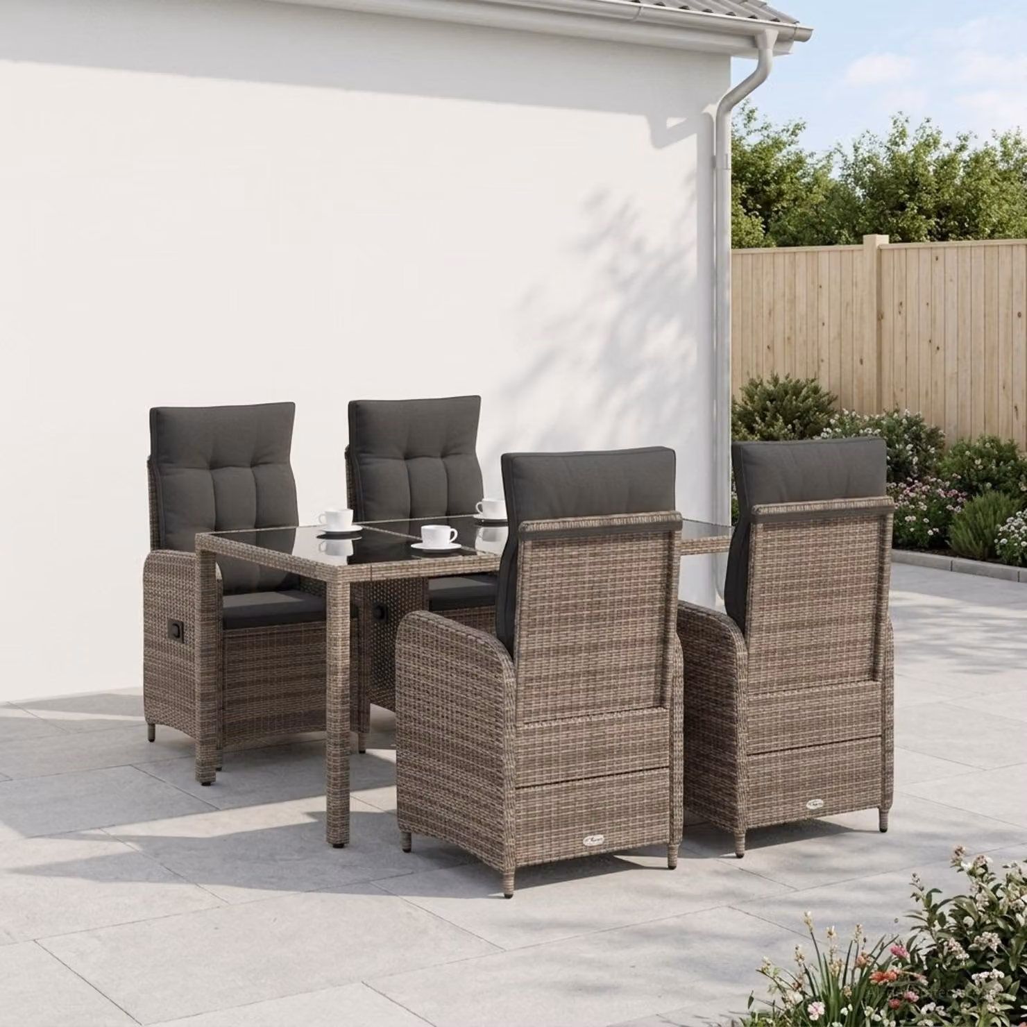 Set da pranzo per esterni vidaXL in polyrattan con tavolo in vetro e 4 sedie, Grigio, L: 150 cm x P: 75 cm x H: 70 cm