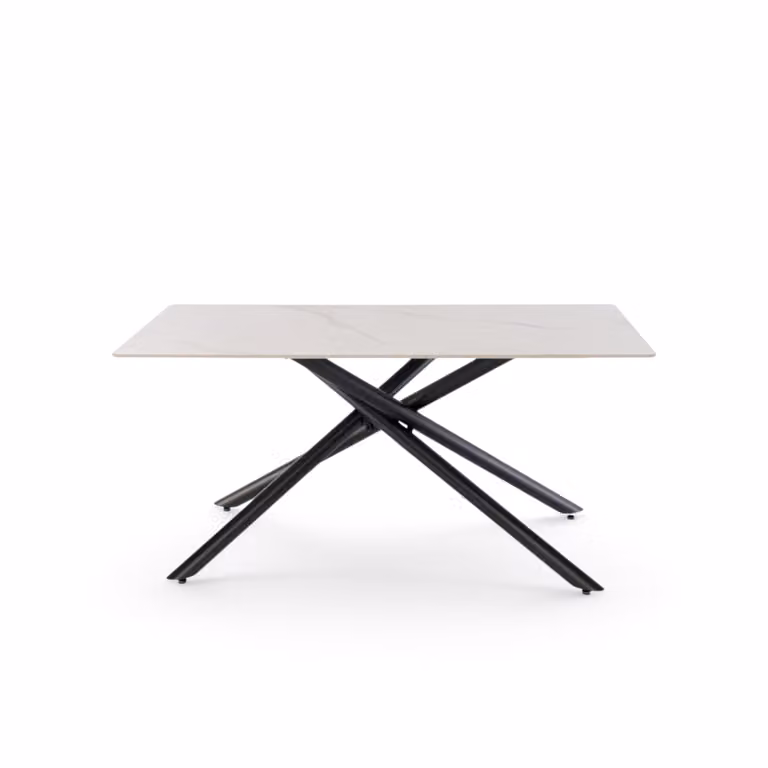 Tavolo MACINAGGIO con piano in ceramica effetto calacatta e gambe incrociate in metallo verniciato nero, 140x80x76 cm