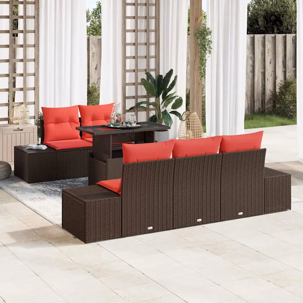 Set Divano da Giardino vidaXL 6 Pezzi Moderno a Forma di L con Cuscini Marrone e Rosso