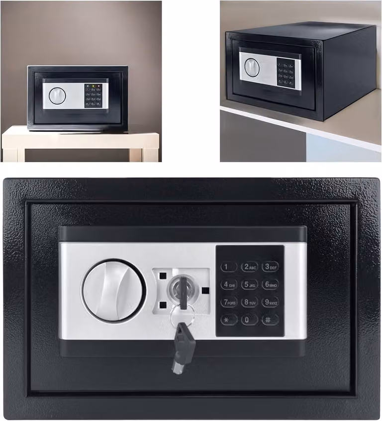 QEENTOE Cassaforte da parete elettronica, 34L, adatta anche per l'uso su mobili, con vano per contanti, resistente al fuoco e all'acqua, dotata di combinazione numerica e chiave, dimensioni 38x30x30 cm