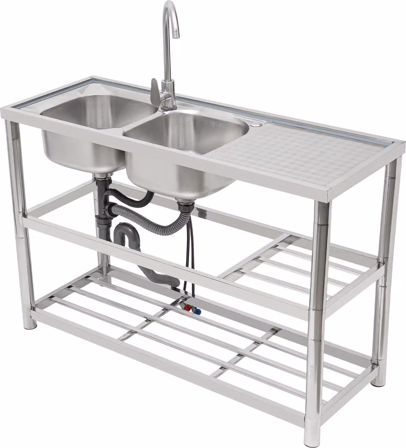 Lavello da cucina professionale - Doppia vasca indipendente con telaio - Rubinetto caldo/freddo incluso - 2 fori - Acciaio inossidabile - Argento