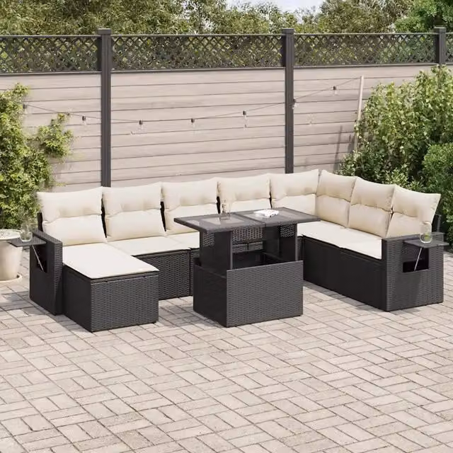 Set Divani da Giardino 9 pz con Cuscini Nero in Polyrattan 3326527