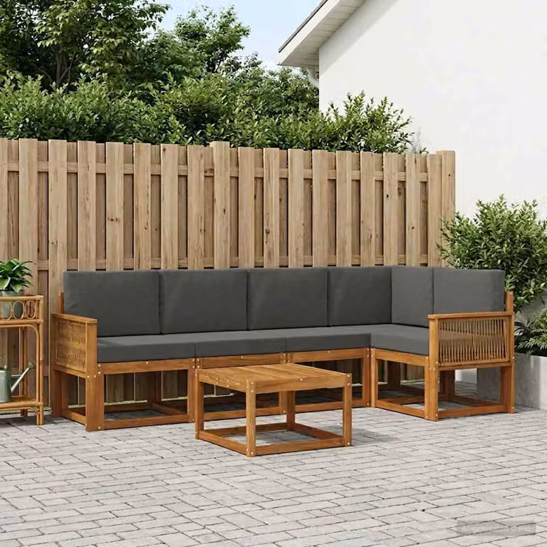 Set di divani da esterno vidaXL a forma di L in legno di acacia con tavolino e cuscini, colore naturale e antracite