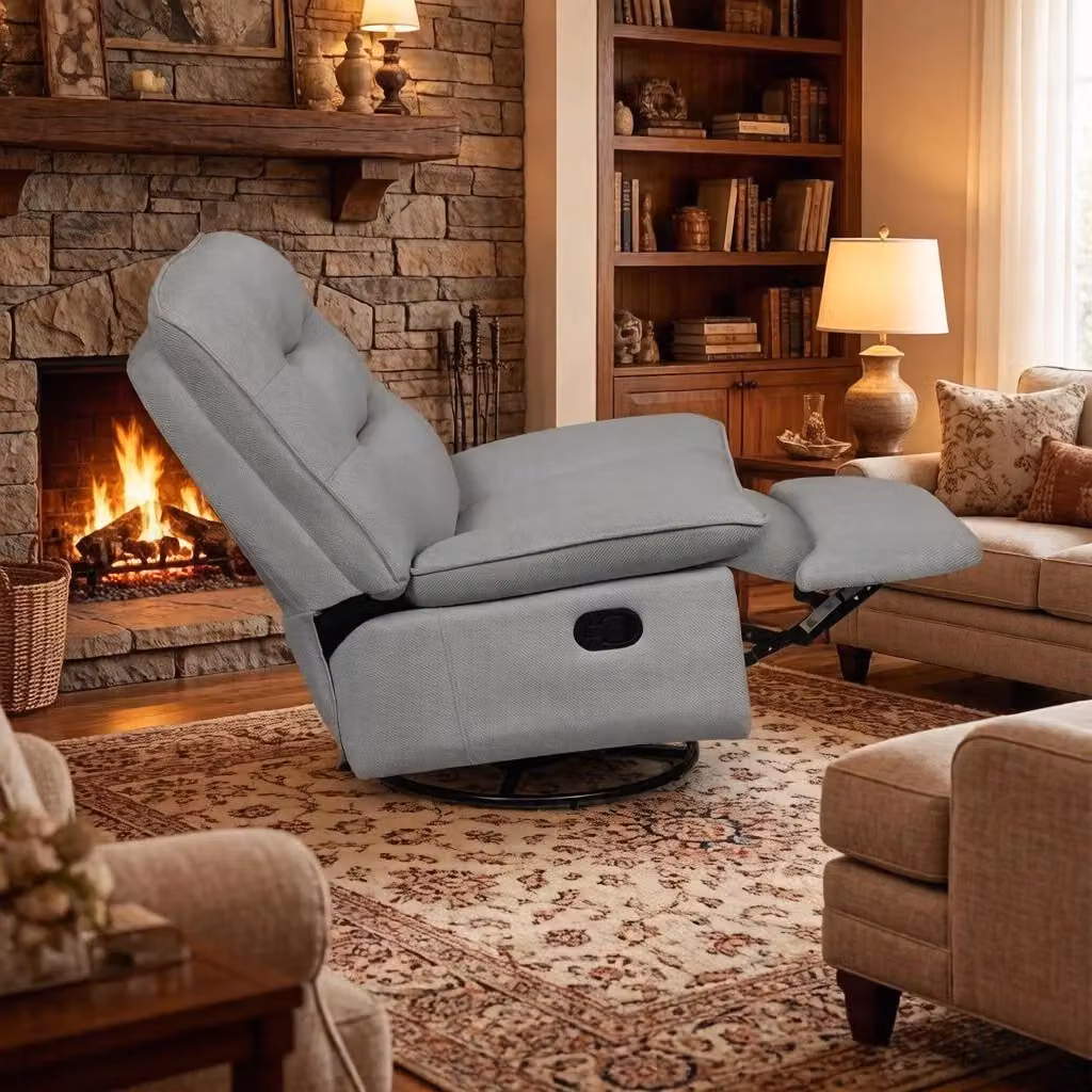 Poltrona relax girevole OKWISH con poggiapiedi, seduta ampia in tessuto effetto lino grigio scuro, L: 95 cm, P: 49,5 cm, H: 106 cm – 2