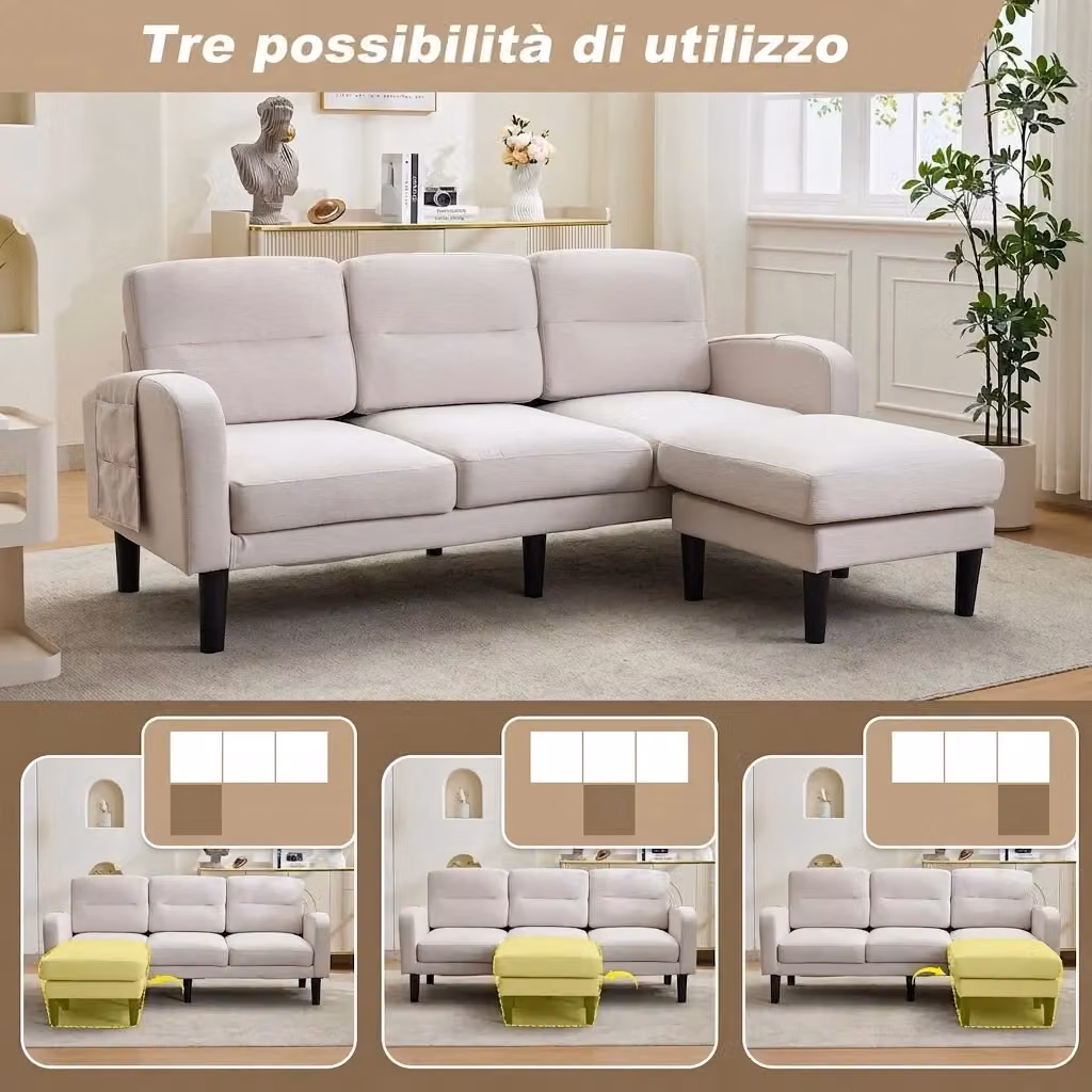 Divano Angolare a L da 3 Posti con Penisola Vovees Living in Tessuto Beige, Modulare e con Coperture Rimovibili, L/P/H: 204 x 136 x 80 cm – 2
