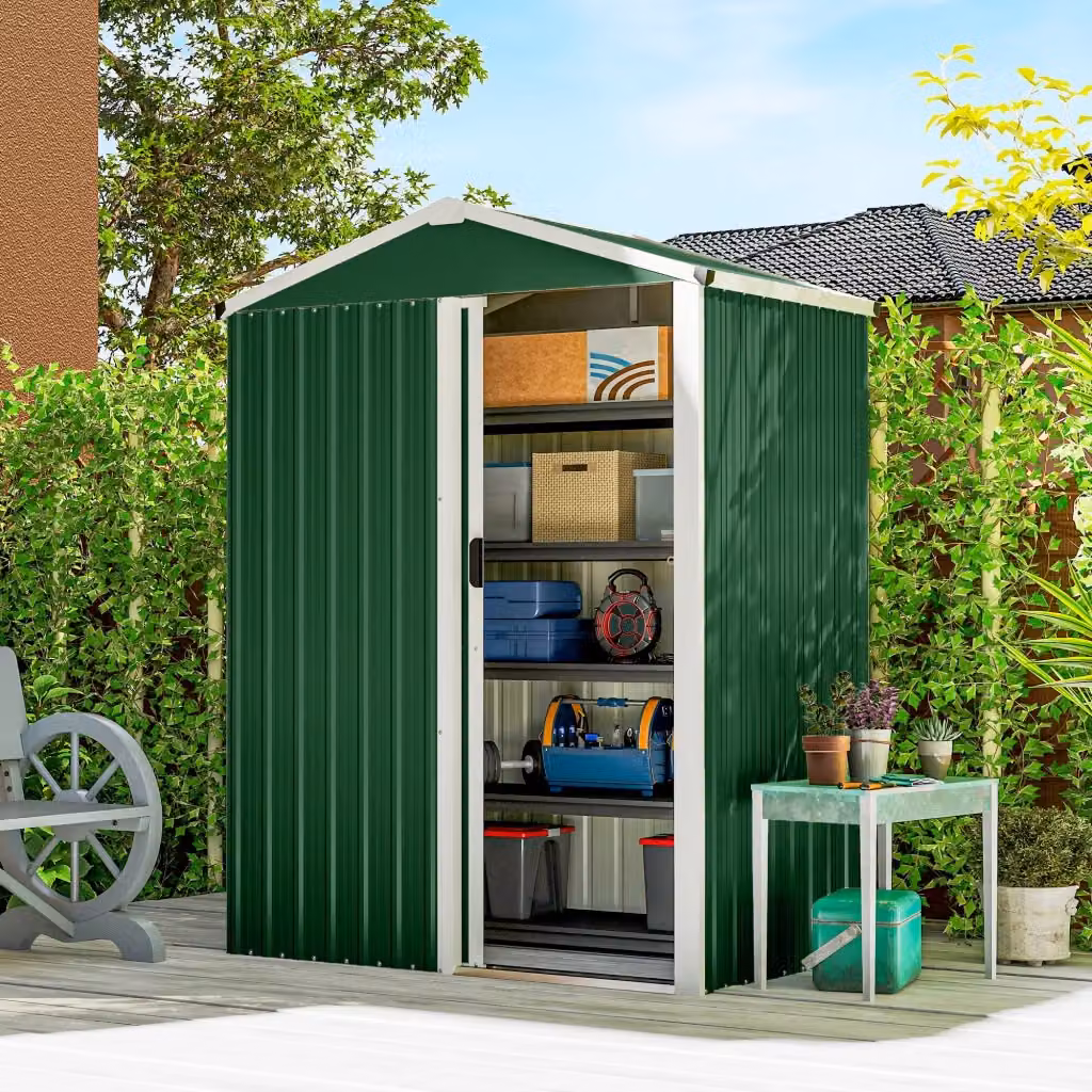Casetta Box Porta Attrezzi da Giardino Giordanoshop in Acciaio Zincato Verde con Porta Scorrevole Bloccabile L: 136 cm, P: 87 cm, H: 179 cm – 2