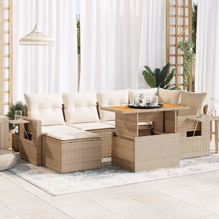 Set da giardino vidaXL a 7 pezzi in polyrattan con cuscini beige e tavolino da esterno design moderno a L