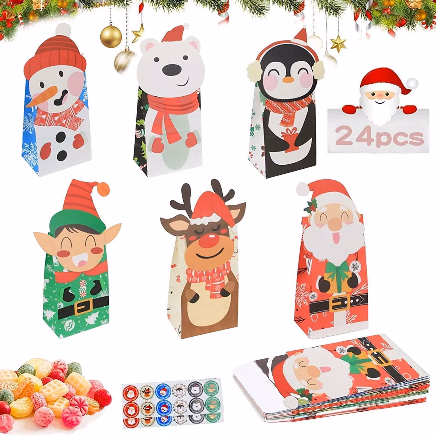 Sacchetti di carta per Natale, confezione da 24 pezzi. Sacchetti regalo per l'avvento, da riempire personalmente. Confezione regalo con 24 adesivi, rossi e colorati. Dimensioni: 12x8x28 cm