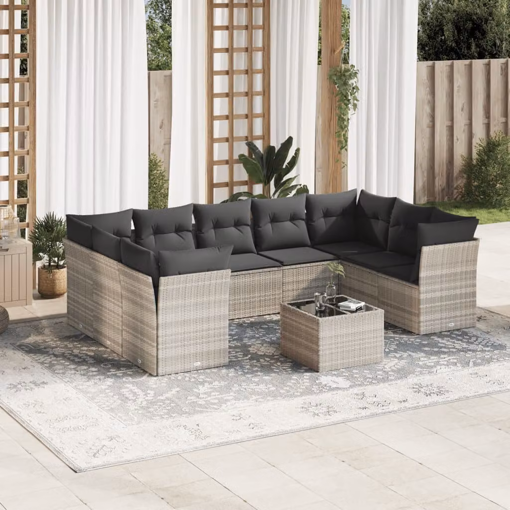 Set Divano da Giardino vidaXL 10 pz a Forma a L con Cuscini Grigio Chiaro in Polyrattan e Metallo – 1