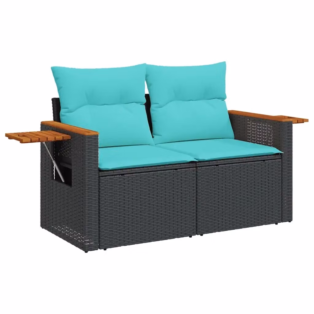 Divano da giardino a 2 posti vidaXL in polyrattan nero con cuscini blu e coperture rimovibili – 2