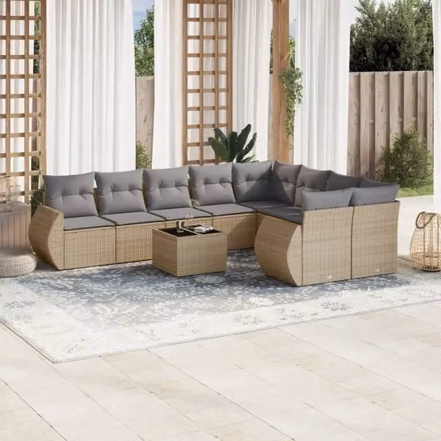 Set Divano da Giardino Moderno VIDAXL in Polyrattan con Cuscini Beige, 10 Pezzi – 1