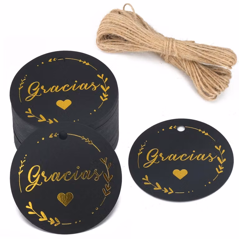Etichette regalo, 5x5 cm, 100 pezzi, in carta kraft, con cordino di iuta, colore nero