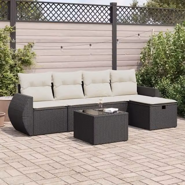 Set Divano da Giardino 6 pz con Cuscini Nero in Polyrattan 3325572