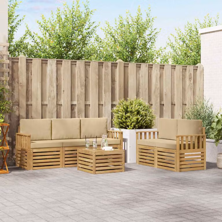 Set di divani da esterno a L con tavolino vidaXL in legno di acacia, colore bianco e beige, composto da 6 pezzi con cuscini inclusi