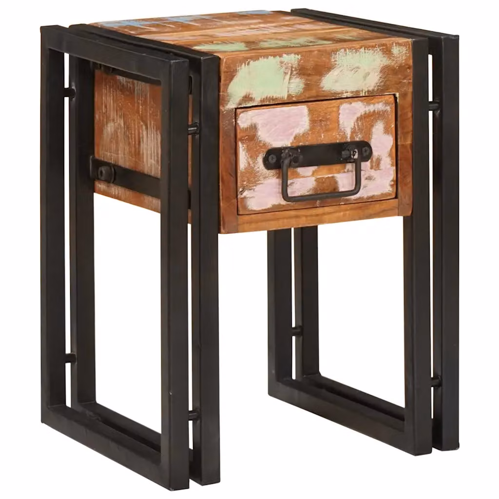 vidaXL Tavolino con cassetto in legno recuperato massello e metallo, L/P/H: 30 x 30 x 40 cm