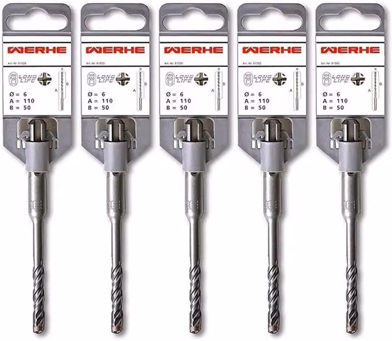 Set professionale da 5 pezzi di punte da trapano SDS Plus per cemento, 6 x 110 mm