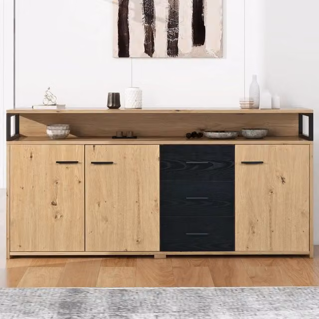 Credenza industriale Vovees Living per cucina e soggiorno con 3 ante e 3 cassetti, nero e marrone, L: 150 cm – 1