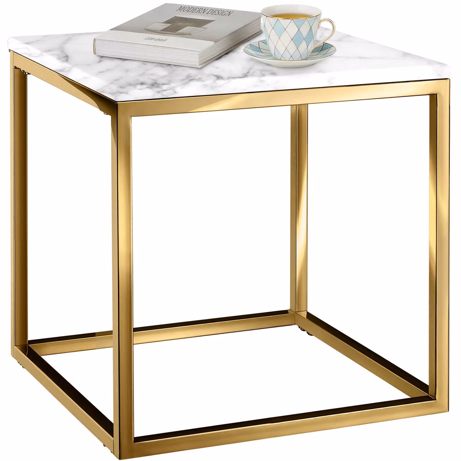 Tavolino da salotto quadrato Tectake Alysia con effetto marmo, bianco e oro, L: 45 cm, P: 45 cm, H: 45 cm – 1