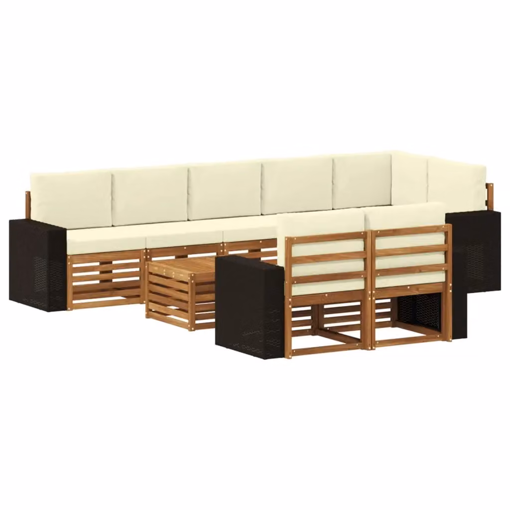 Set di divani da esterno a L vidaXL in legno di acacia con tavolo da caffè, colore beige e bianco, composto da 9 pezzi con cuscini inclusi – 2