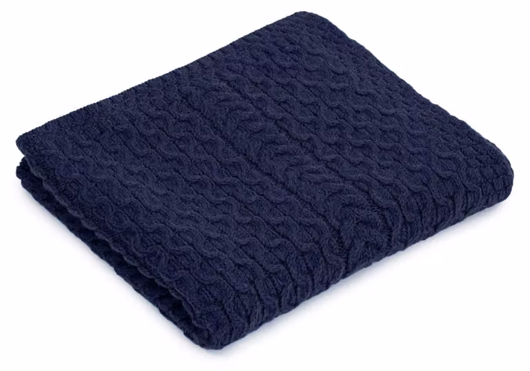 Coperta in Lana, motivo a treccia Aran, 92x78 cm, colore blu navy