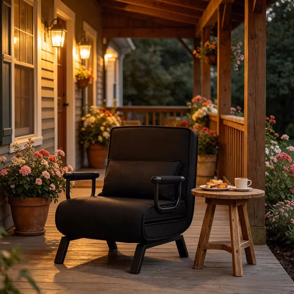 Poltrona letto singola 3 in 1 MIVRAY in lino nero con schienale regolabile a 5 posizioni e braccioli L: 184 cm, P: 26 cm, H: 65 cm – 2