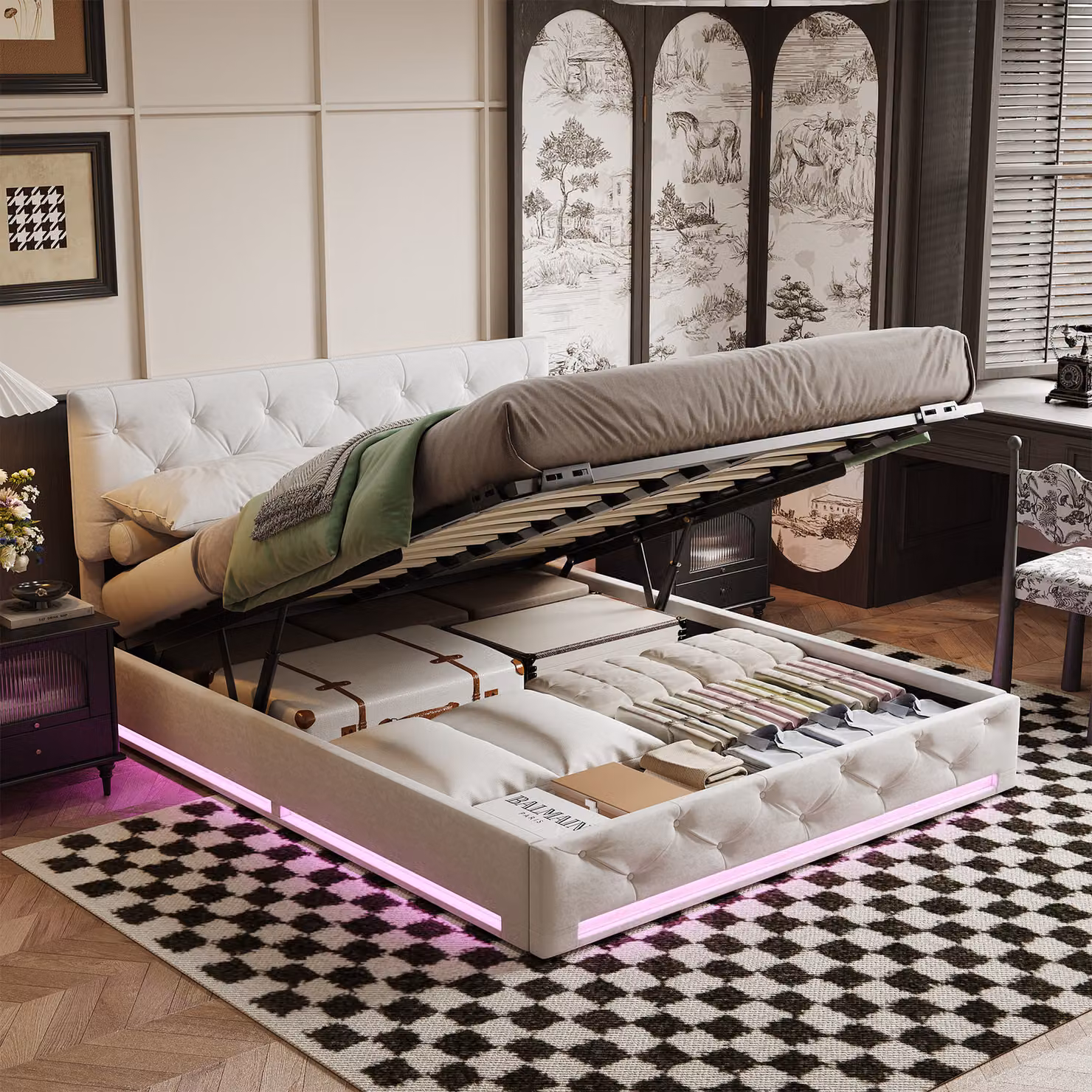 Letto imbottito Fortuna Lai 160x200 cm in bianco, letto a molle insacchettate idrauliche con illuminazione a LED, rete, rete a doghe e testata regolabile, rivestimento in lino