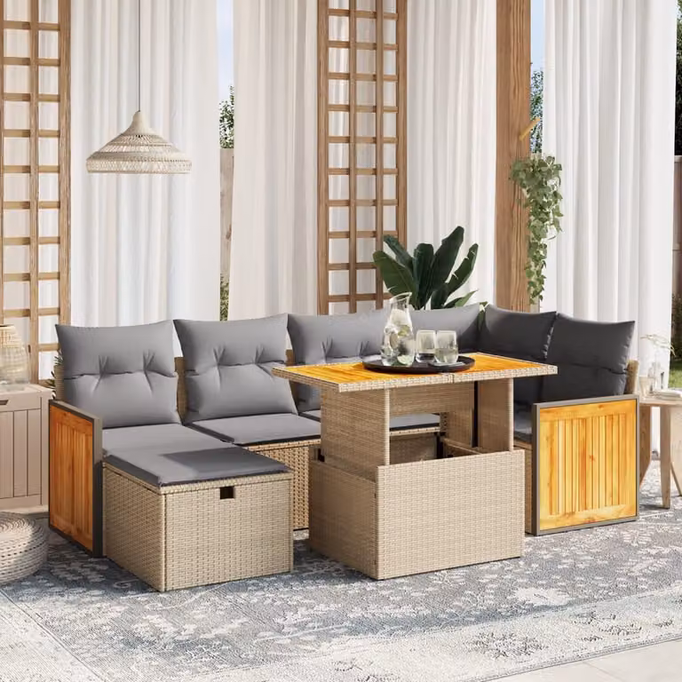 vidaXL Set Divani da Giardino 7 pz in Polyrattan con Cuscini Beige e Grigio
