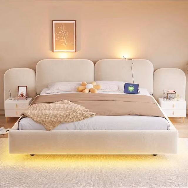 Letto Matrimoniale 180x200 cm Contenitore Idraulico in Velluto Beige con LED RGB e Prese USB