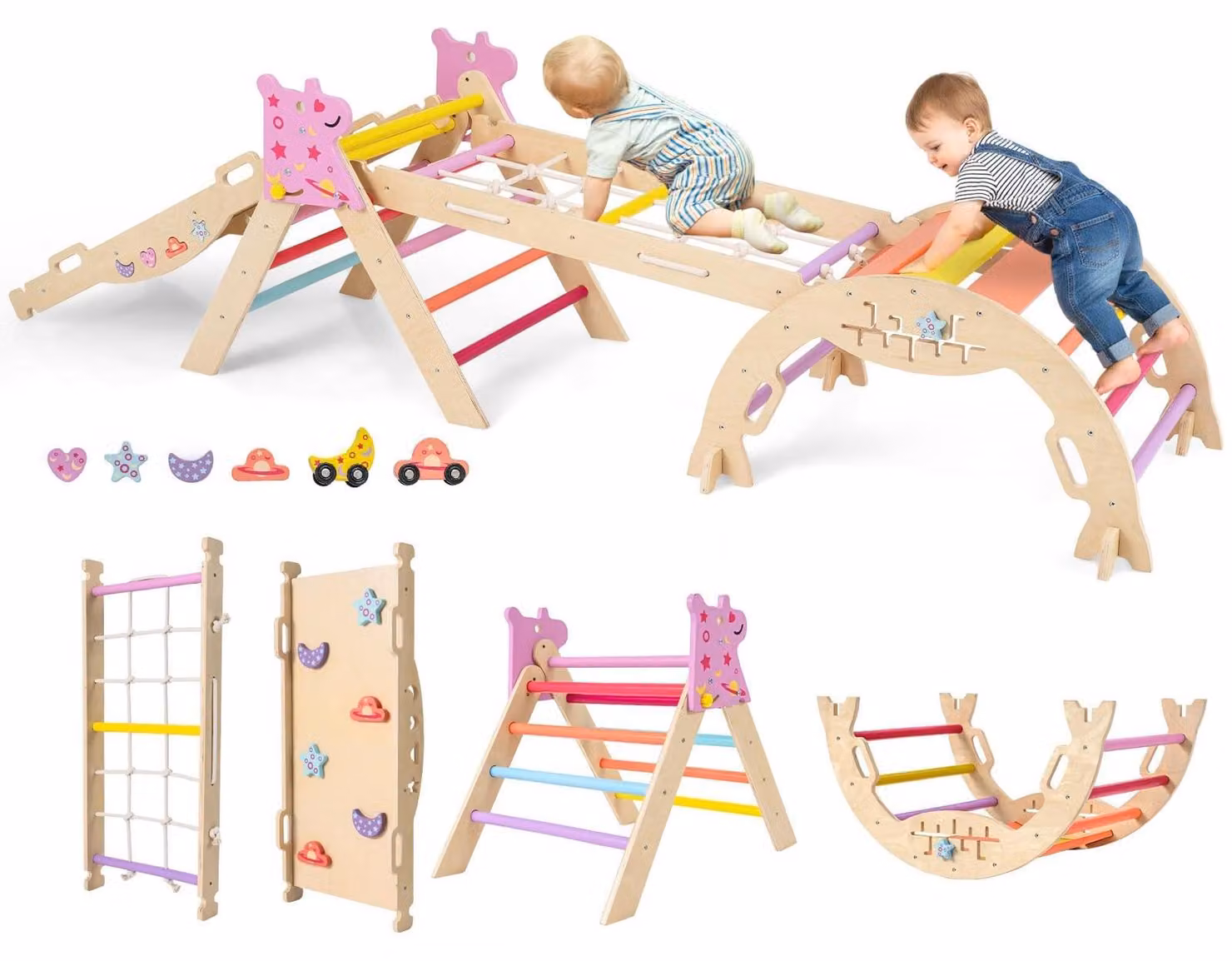 FANTASK, struttura da gioco indoor 7 in 1, set da arrampicata a triangolo con scivolo e elementi da arrampicata
