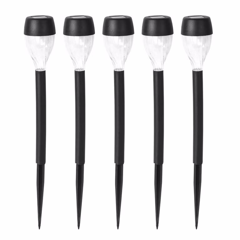Dictrolux Set di 5 Lampade Solari LED da Giardino con Picchetto, Luce Bianca Calda, Colore Nero, Altezza: 32 cm, Diametro: 4,5 cm