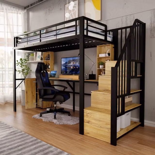 Letto a soppalco in metallo 90x200 cm con scrivania, armadio, scaletta contenitore e porta USB – nero, senza materasso