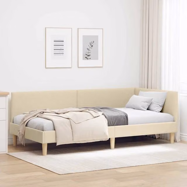 Cornice del letto ad angolo vidaXL in tessuto beige con struttura in legno e doghe L/P/H: 204 x 90 x 72 cm