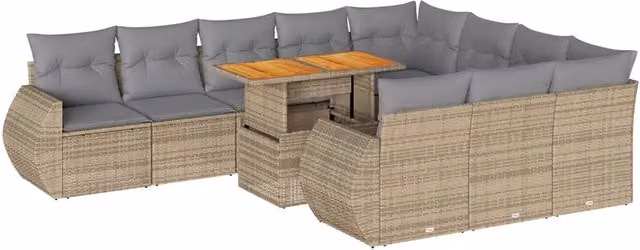 Set di Divani da Giardino a Forma di U vidaXL con Cuscini Beige e Tavolino, Polyrattan e Legno di Acacia