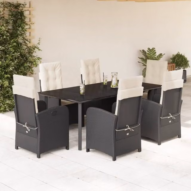 Set da Pranzo da Giardino 7 Pezzi vidaXL in Polyrattan Nero con Cuscini e Tavolo in Vetro – 1