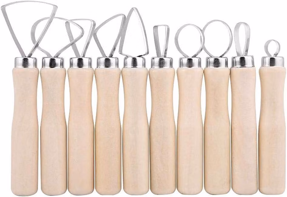 Set di strumenti per la Vetroceramica, composto da 10 pezzi, con manici in legno e bordi in metallo, ideale per la lavorazione della Vetroceramica e della modellazione dell'argilla