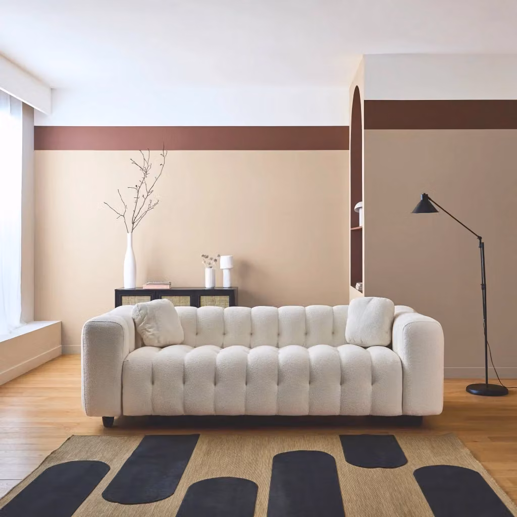 Divano a 3 posti moderno in tessuto bouclé beige e bianco con cuscini inclusi – 2
