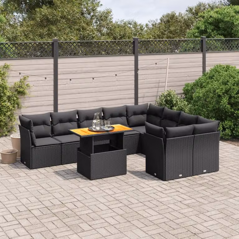 vidaXL Set Divani da Giardino 10 Pezzi in Polyrattan Nero con Cuscini e Tavolino da Esterno