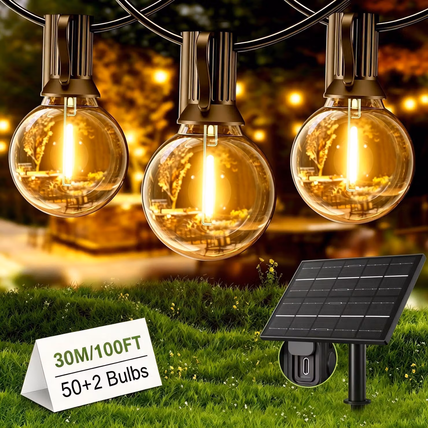 Catena luminosa solare, 30 metri, 52 LED, luce calda 2700 K, grado di protezione IP65, per uso esterno