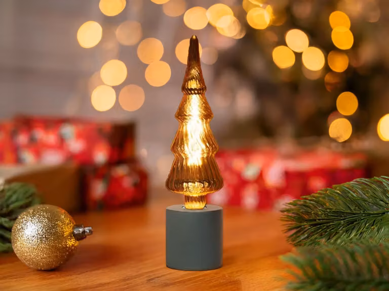 Piccola lampada da tavolo in cemento nero Ø 9cm con decorazione LED abete albero di Natale oro