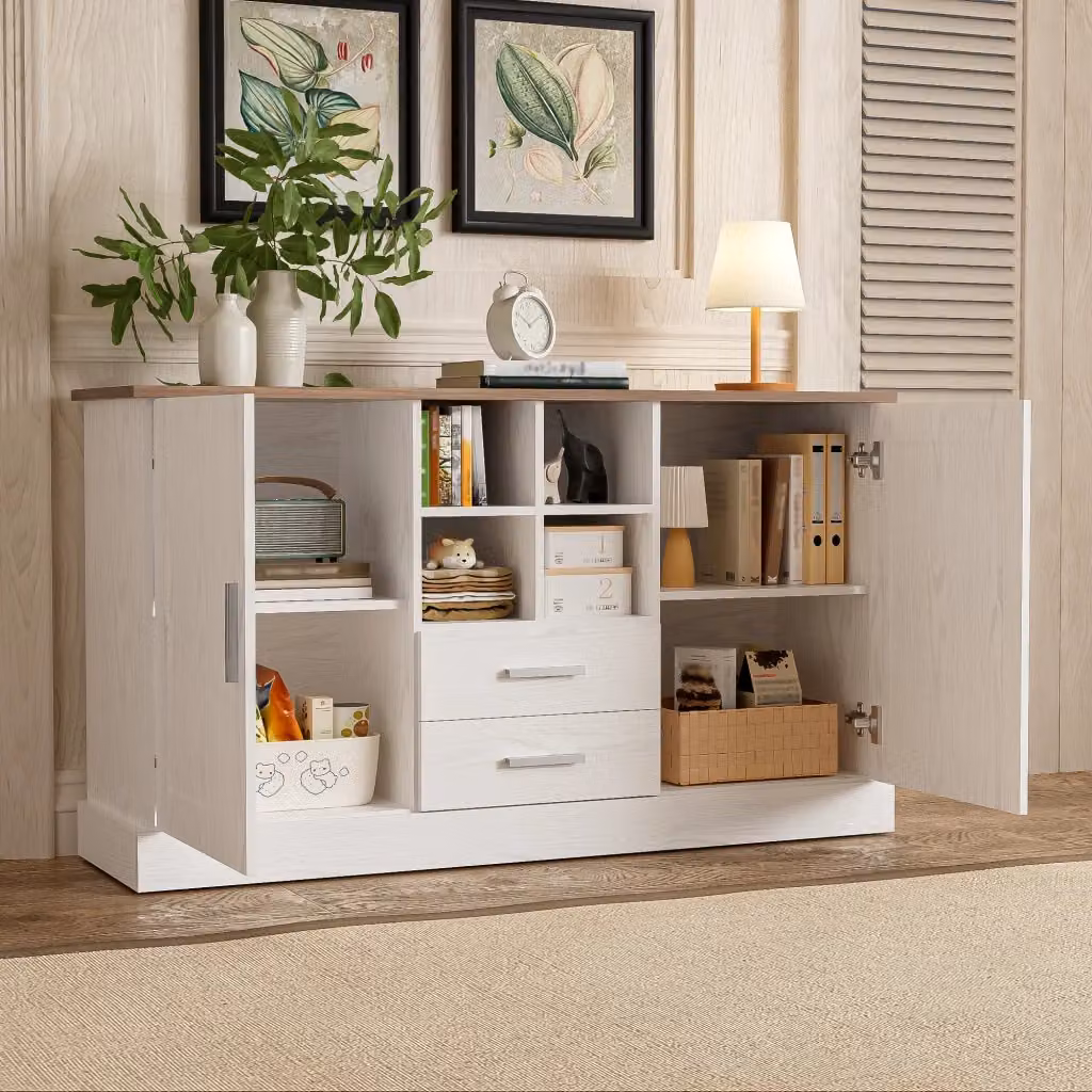 Credenza moderna con 2 ante ammortizzate, 2 cassetti soft-close e 4 vani aperti, in MDF bianco e marrone, L 140 x P 40 x H 79.5 cm – 2